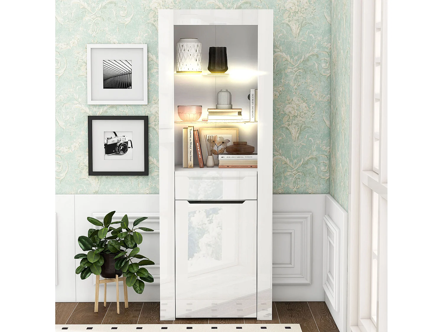 Vitrine met LED-verlichting, opbergmeubel met planken, wit