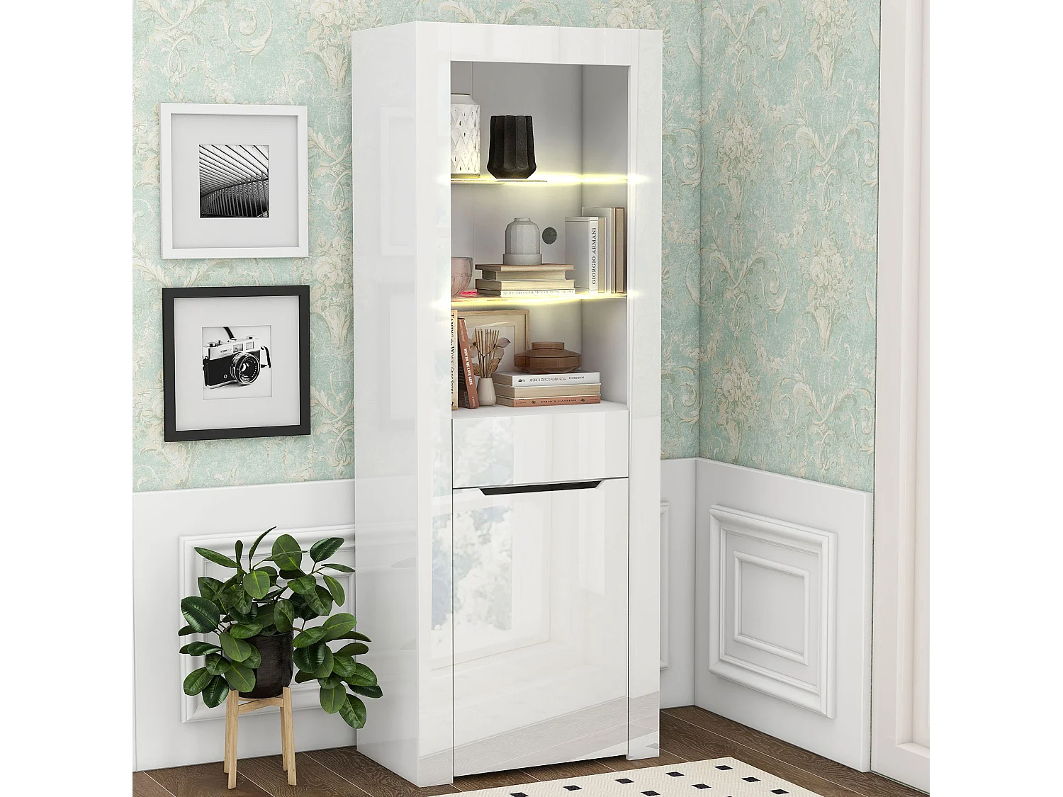 Vitrine met LED-verlichting, opbergmeubel met planken, wit