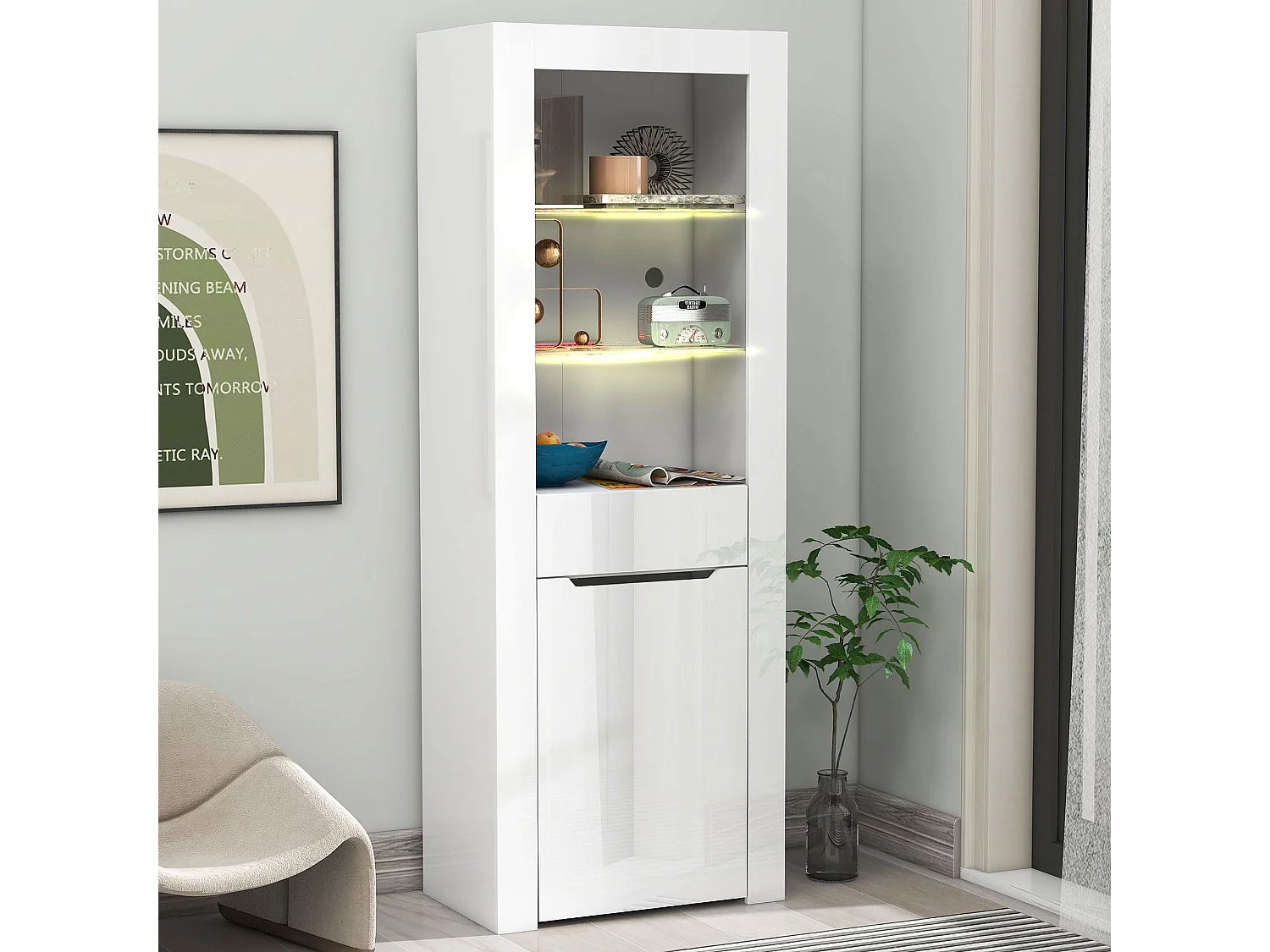 Vitrine met LED-verlichting, opbergmeubel met planken, wit