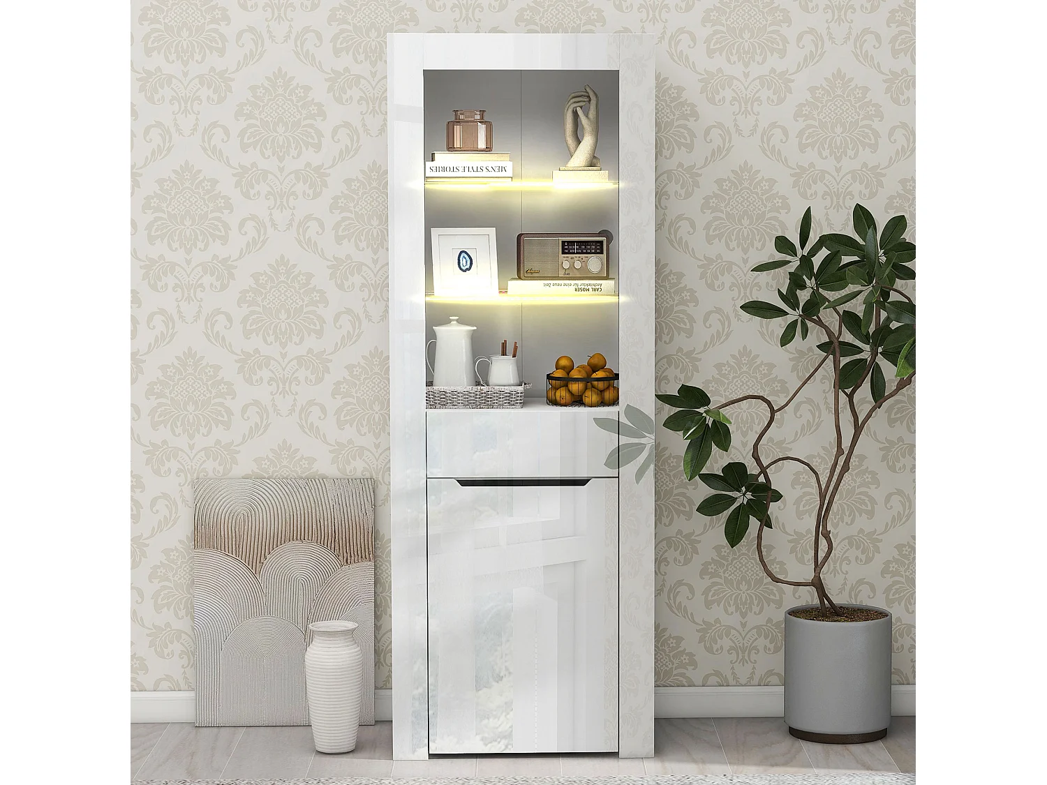 Vitrine met LED-verlichting, opbergmeubel met planken, wit