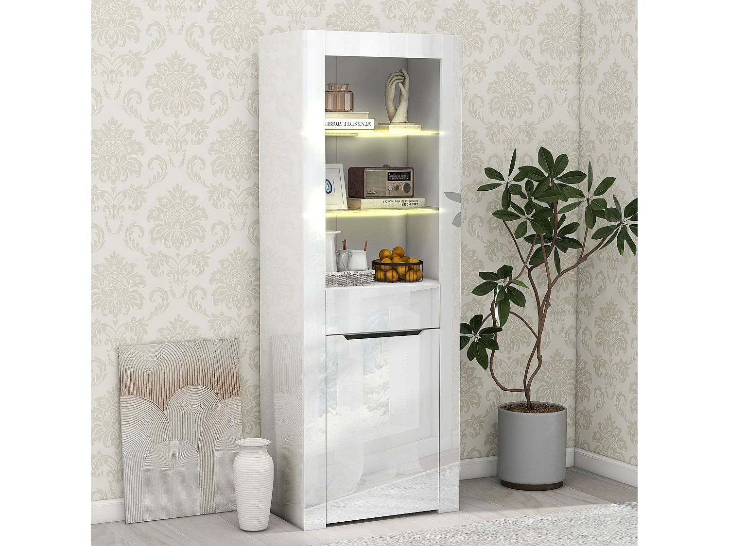 Vitrine met LED-verlichting, opbergmeubel met planken, wit