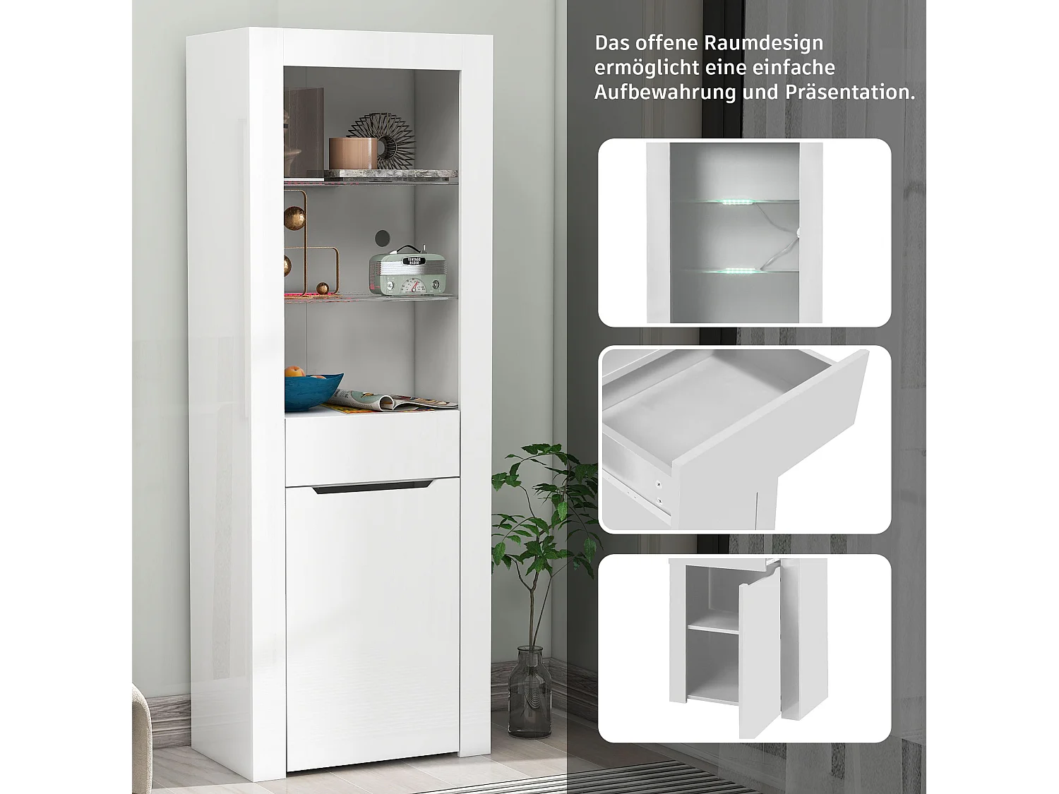 Vitrine met LED-verlichting, opbergmeubel met planken, wit