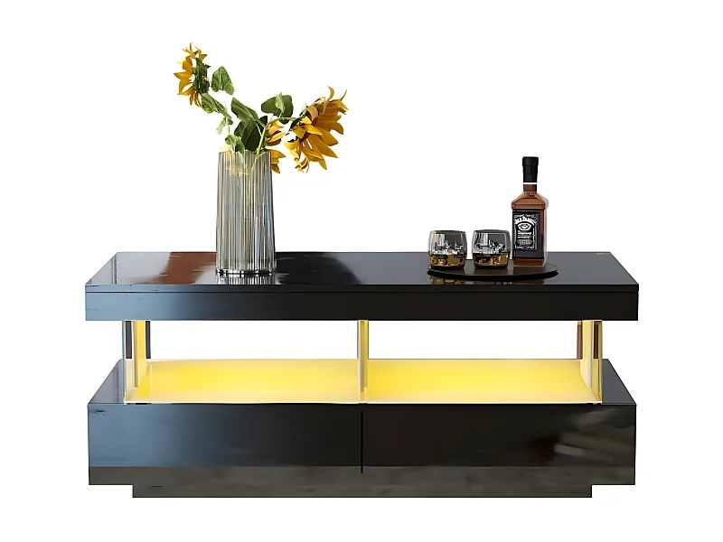 Mesa de centro moderna de madera con cajones e iluminación LED