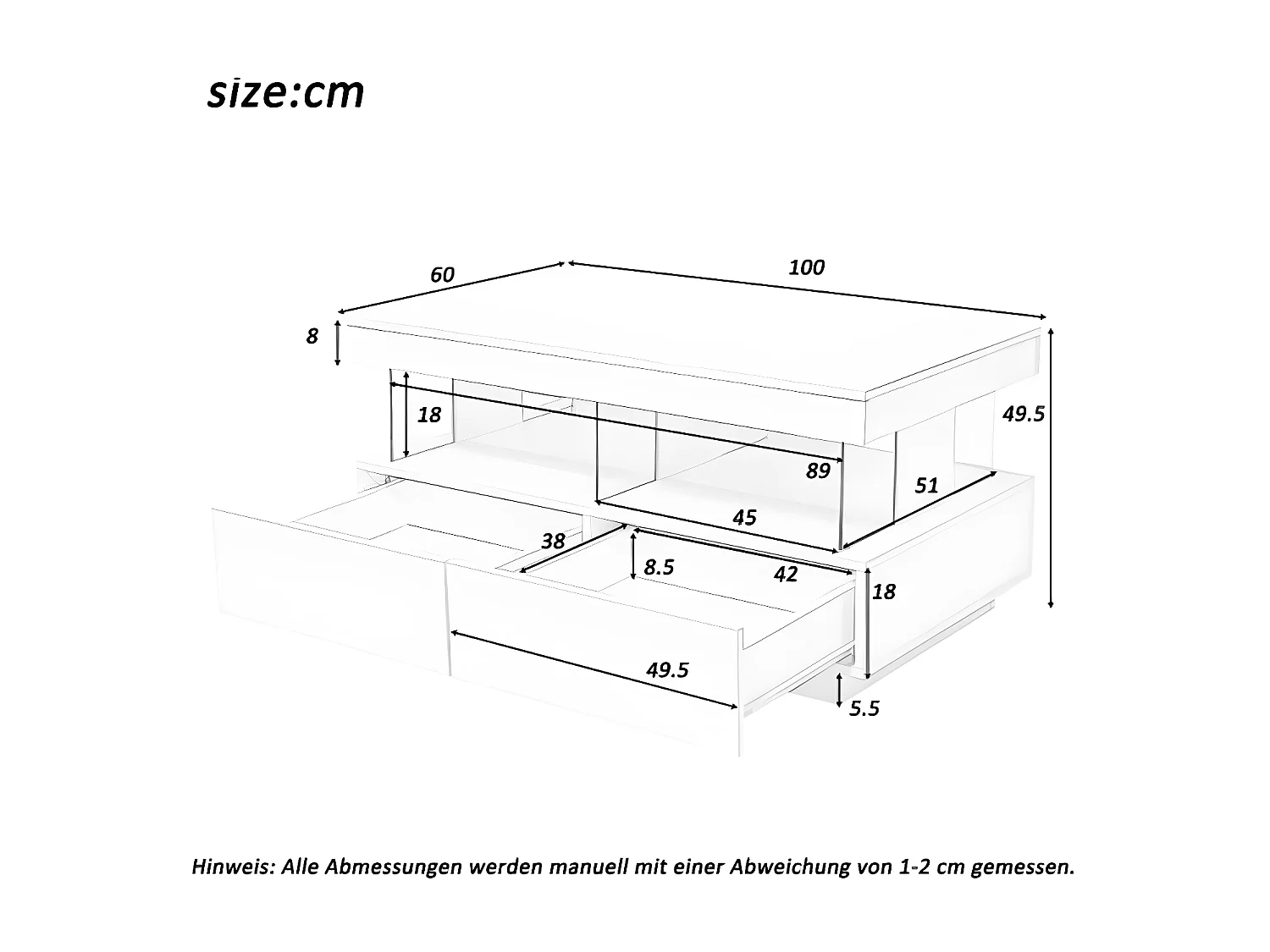 Tavolino moderno in legno con cassetti e illuminazione a LED