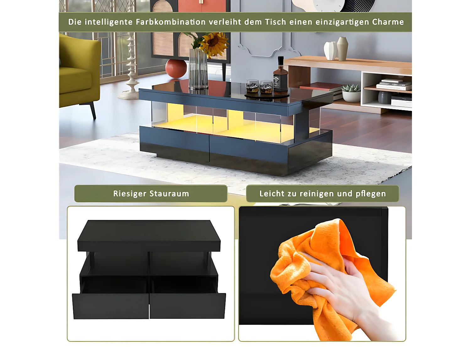 Tavolino moderno in legno con cassetti e illuminazione a LED