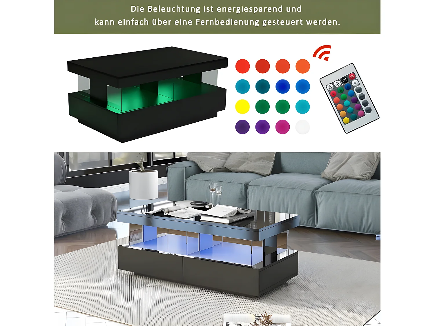 Tavolino moderno in legno con cassetti e illuminazione a LED