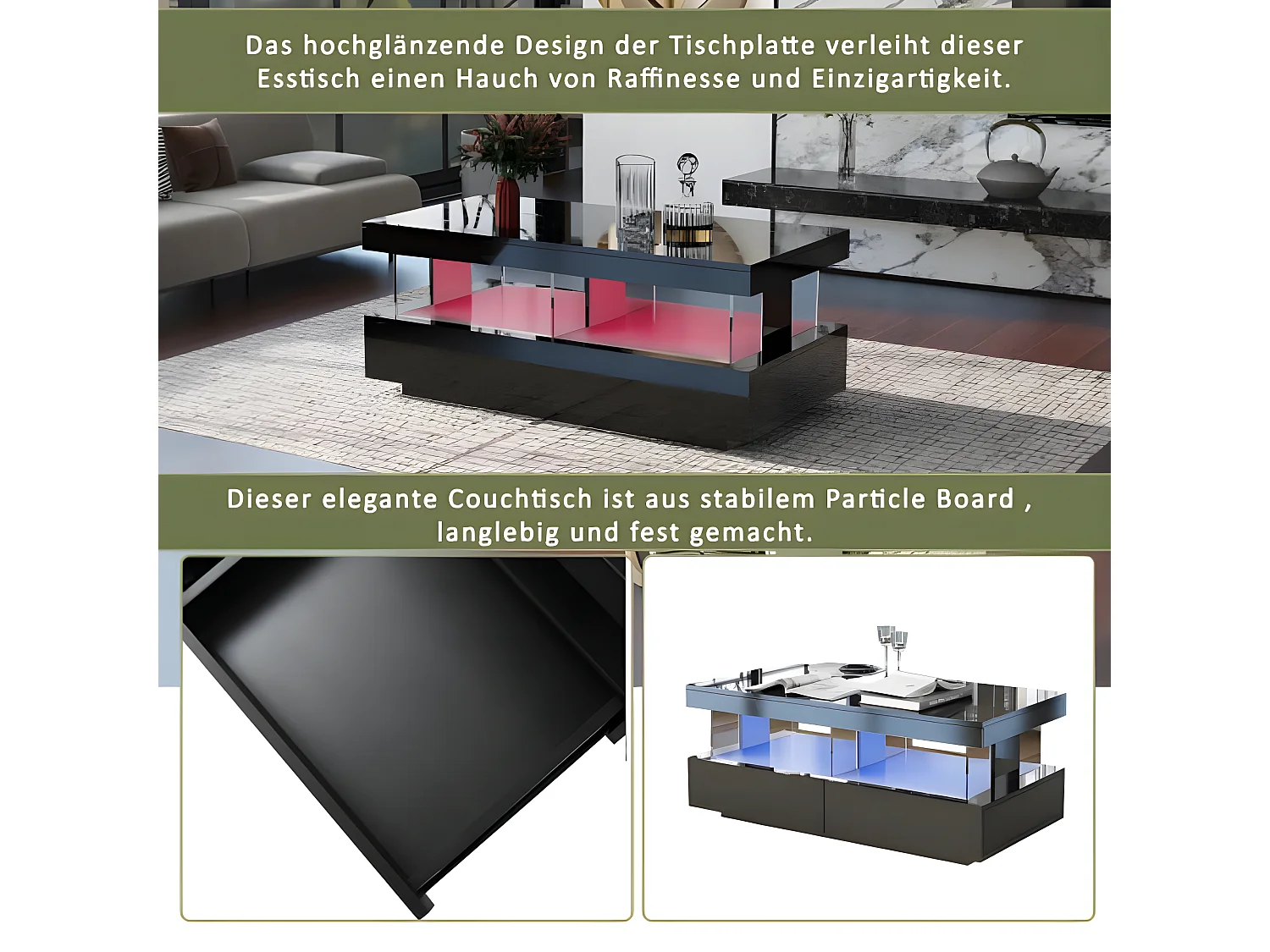 Tavolino moderno in legno con cassetti e illuminazione a LED