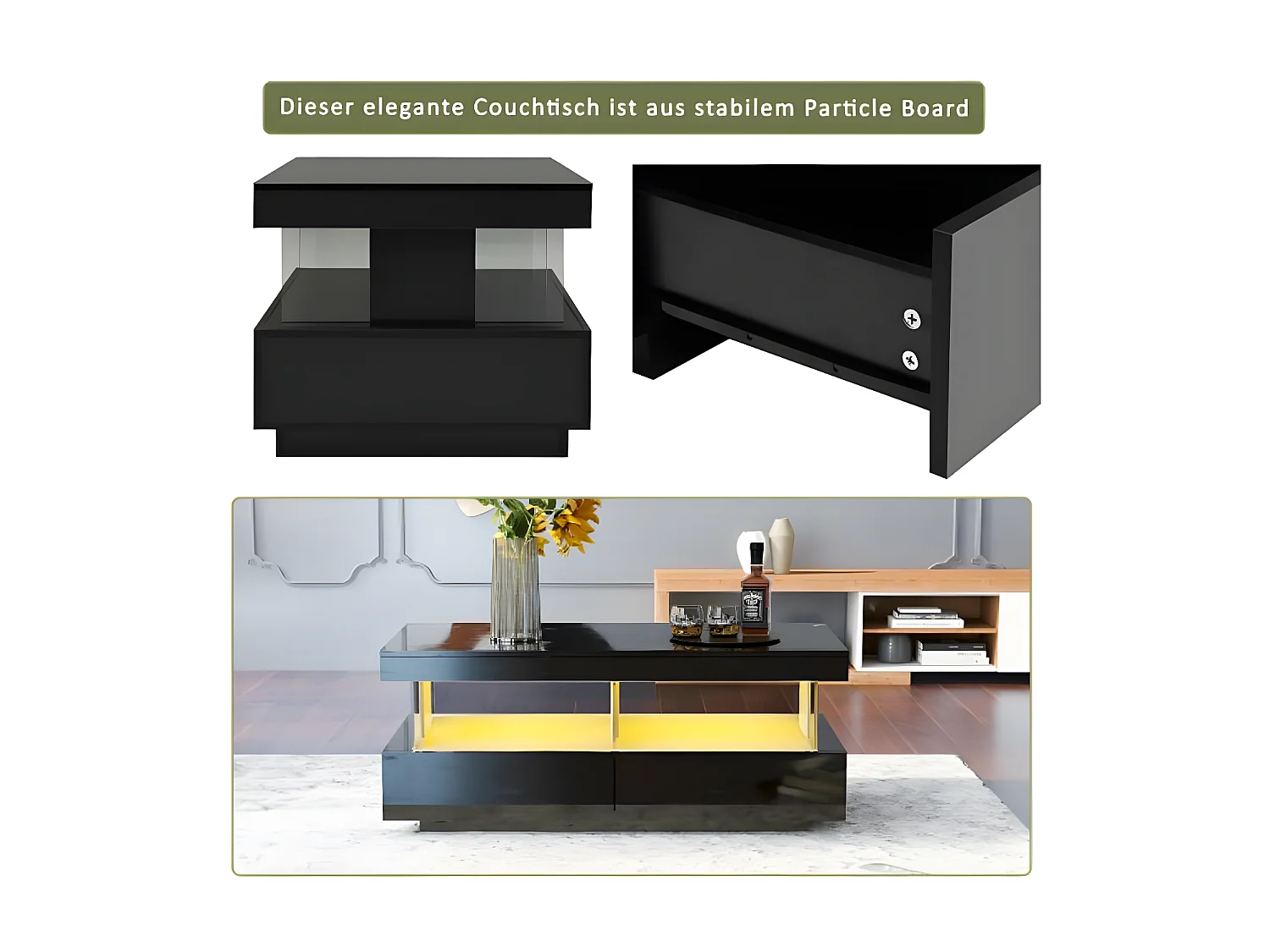 Tavolino moderno in legno con cassetti e illuminazione a LED