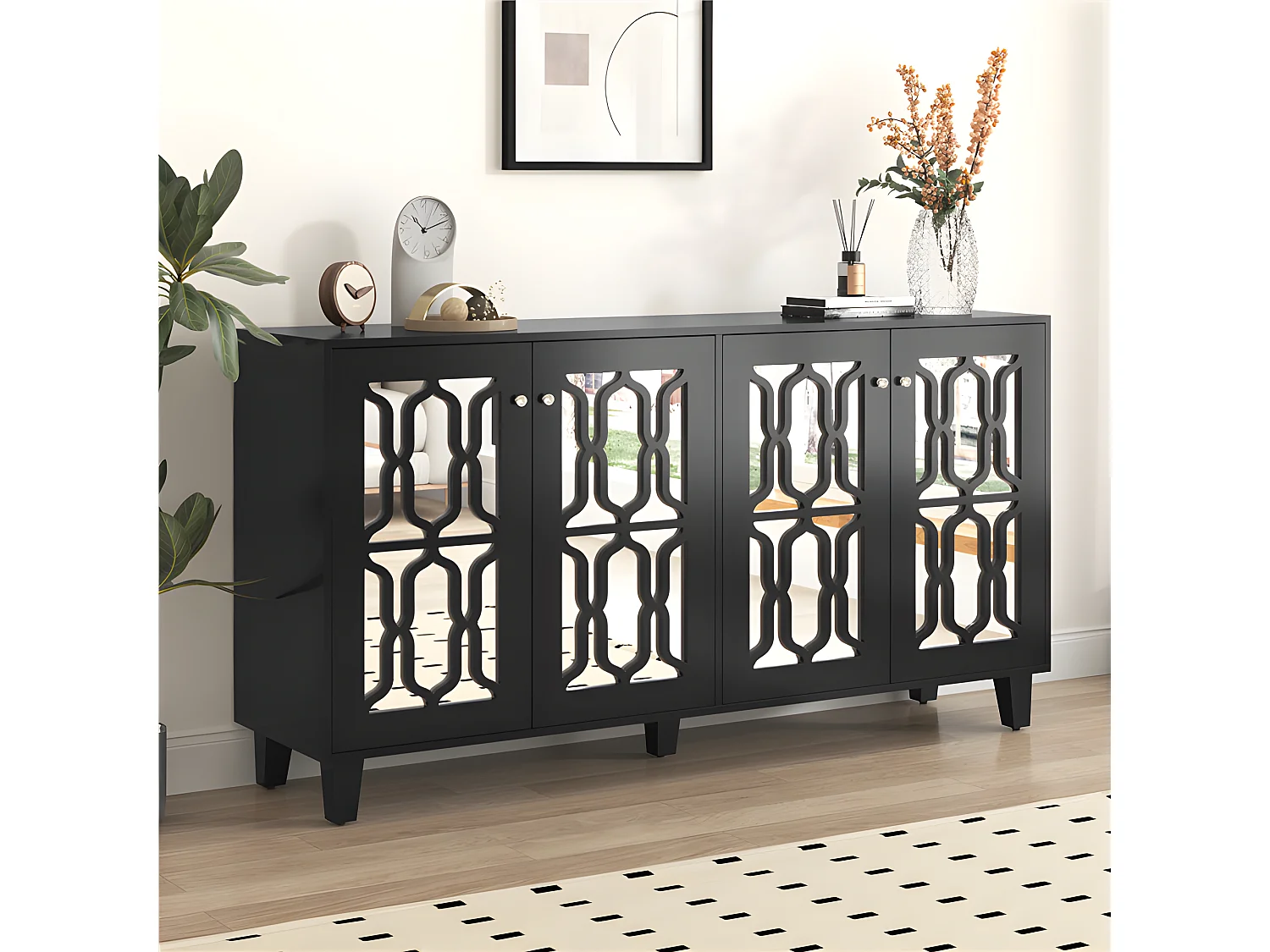 Anrichte élégante avec et poignées en cristal, (160 x 40 x 84 cm) noir