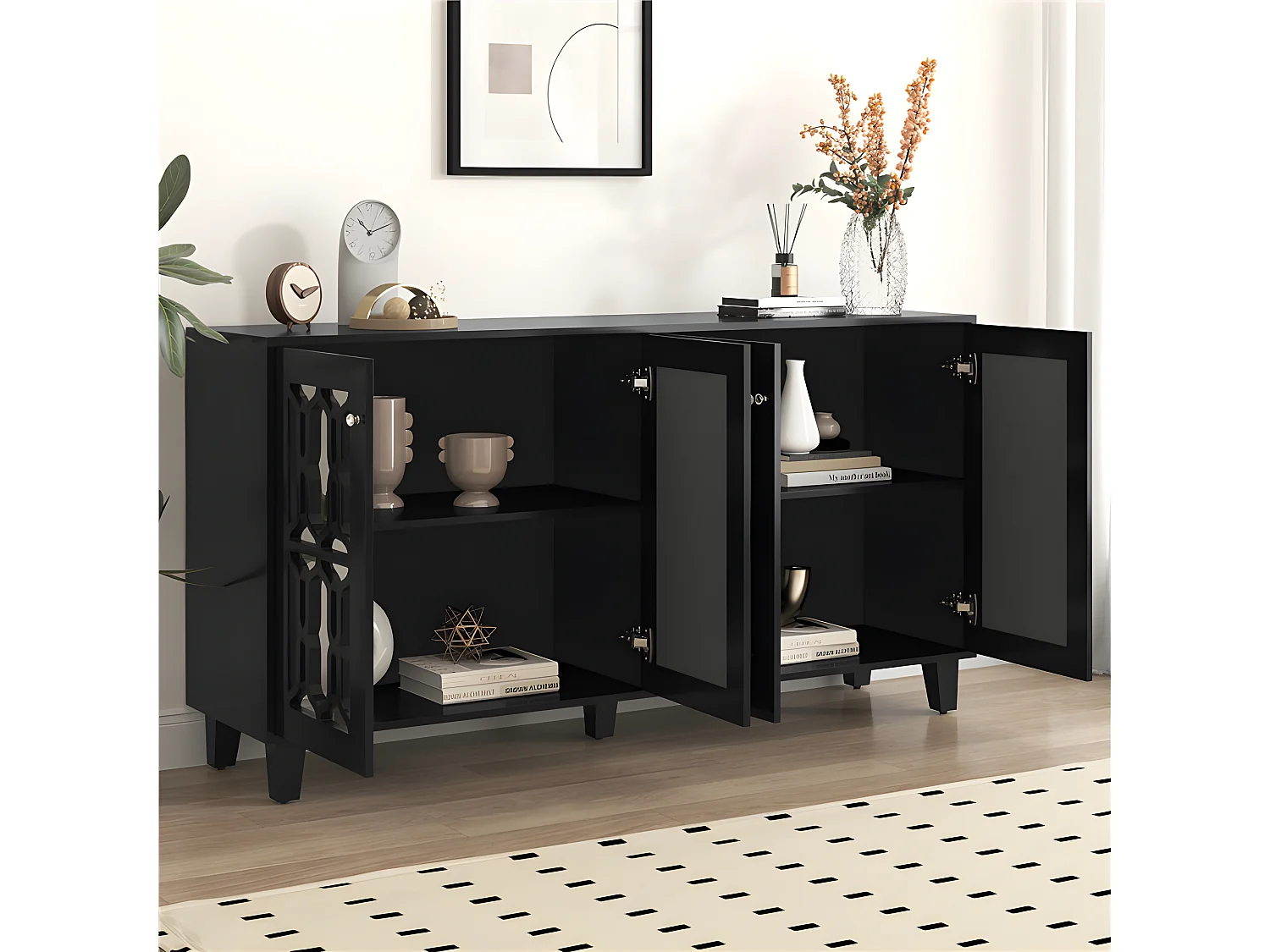 Anrichte élégante avec et poignées en cristal, (160 x 40 x 84 cm) noir