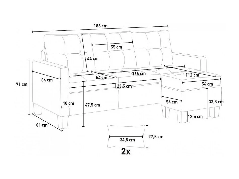 Modernes 3-Sitzer Ecksofa Pouf 2 Kissen Wohnzimmer Remissus - Grau
