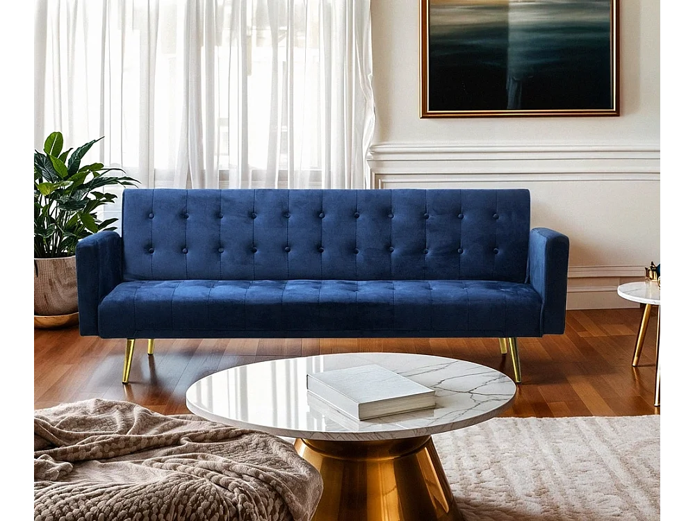 Modernes clic clac 3-Sitzer Samt Schlafsofa Caullae goldene Beine - Blau