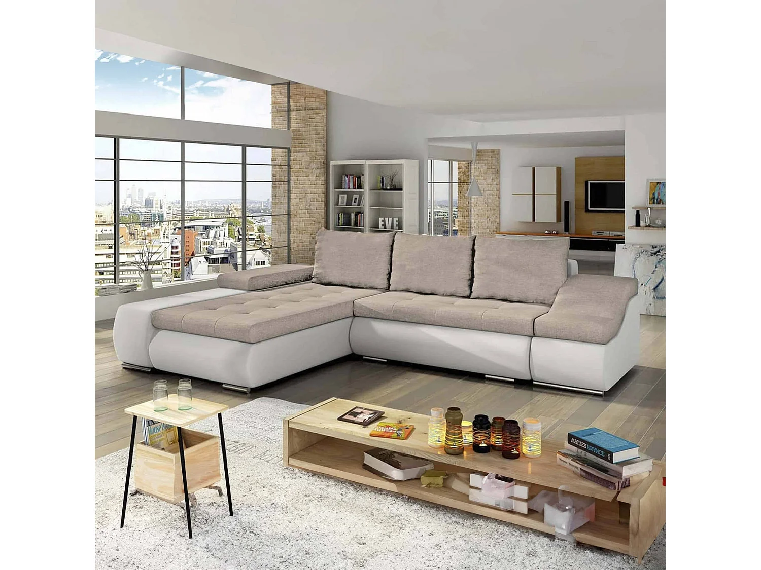 Canapé d'angle convertible coffre de rangement contemporain COSMOS