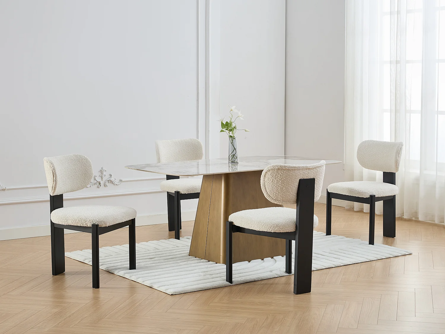 Lot de 2 chaises en tissu bouclette et bois d'hévéa noir - Blanc - WILANA