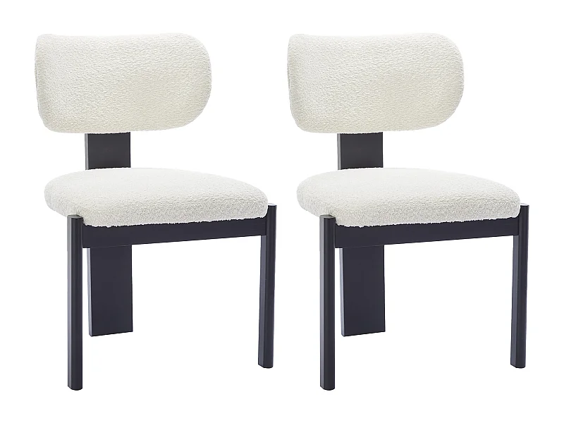 Lot de 2 chaises en tissu bouclette et bois d'hévéa noir - Blanc - WILANA