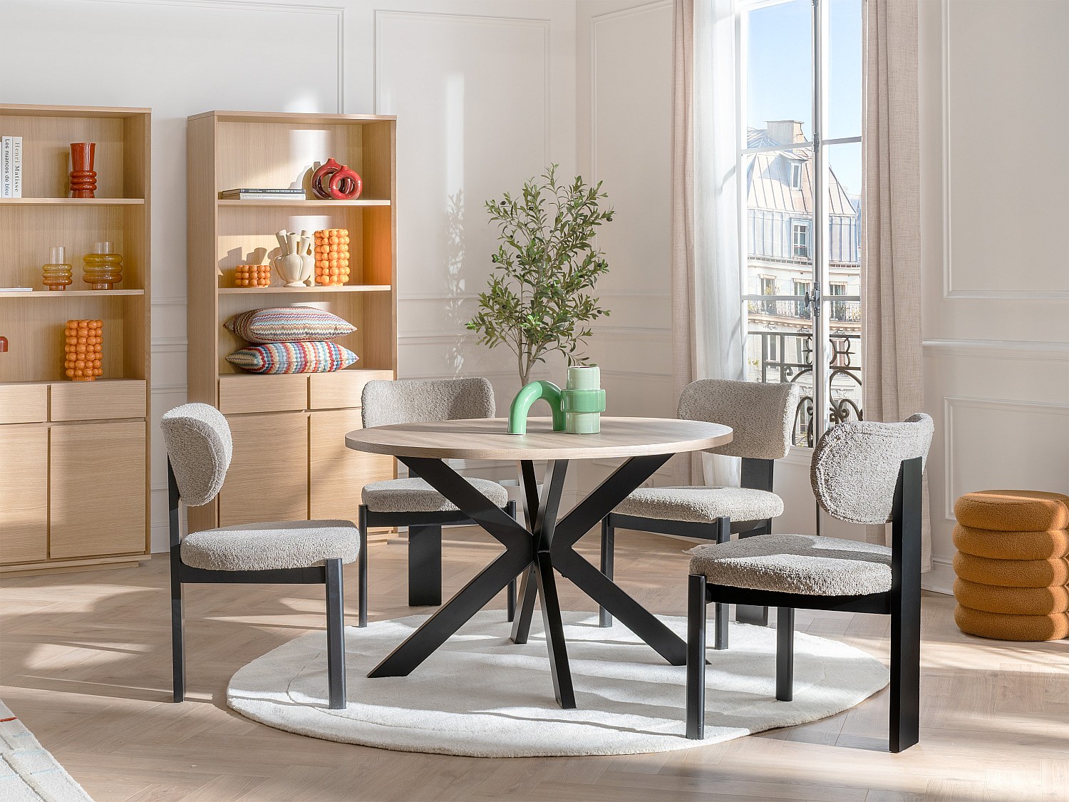 Stuhl 2er-Set - Bouclé-Stoff & Kautschukholz - Taupe & Schwarz - WILANA günstig online kaufen