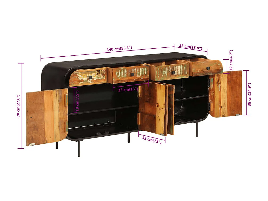 Buffet 140x35x70 cm bois massif de récupération et métal