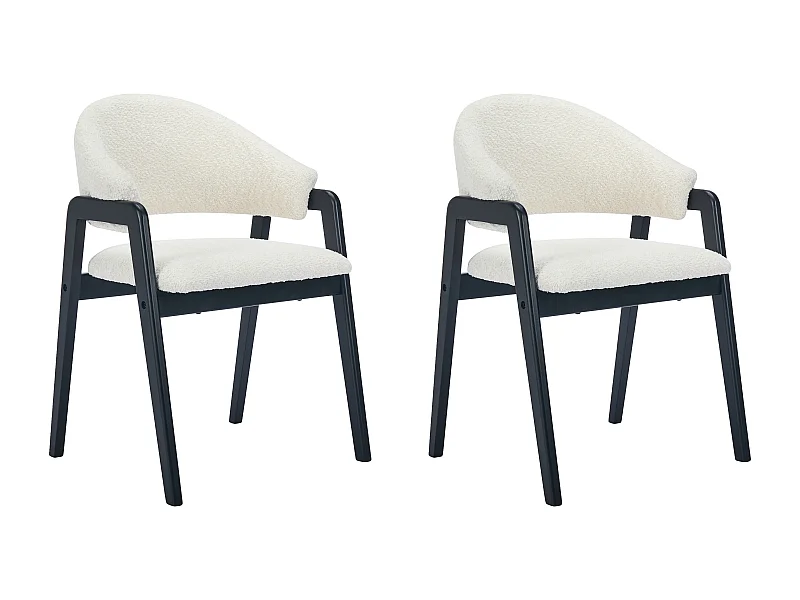 Lot de 2 chaises avec accoudoirs en tissu bouclette et bois d'hévéa - Blanc et Noir - SOLUNA