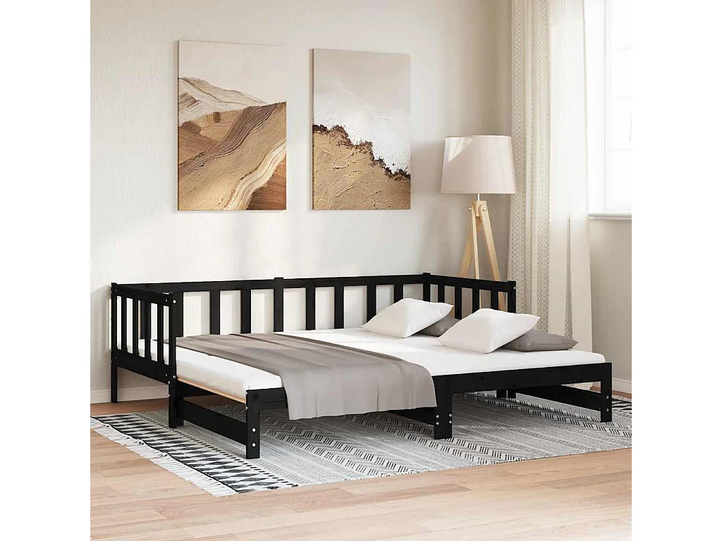 Tagesbett Ausziehbar Schwarz 90x200 cm Massivholz Kiefer