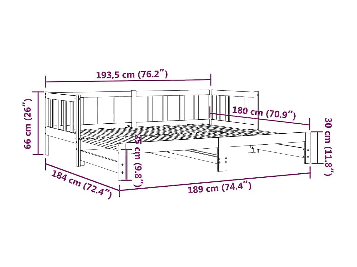 Slaapbank met onderschuifbed 90x190 cm massief grenenhout