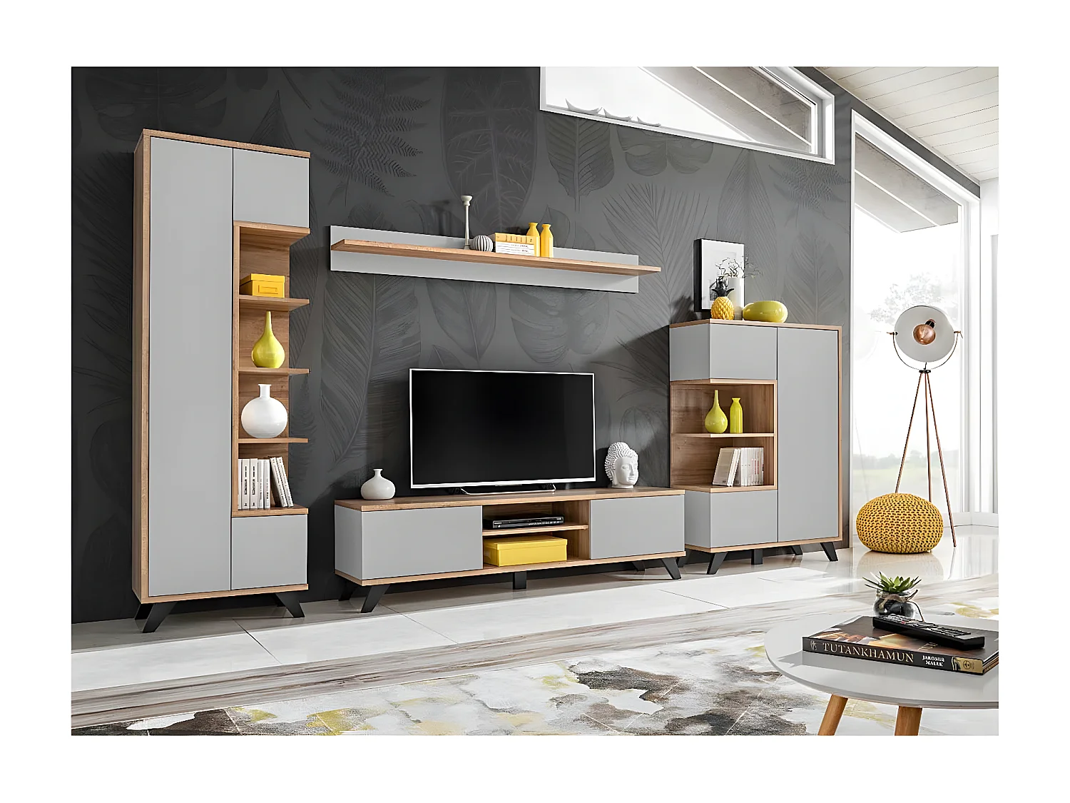 Meuble TV 2 Portes "Bogota" 160cm Gris & Naturel