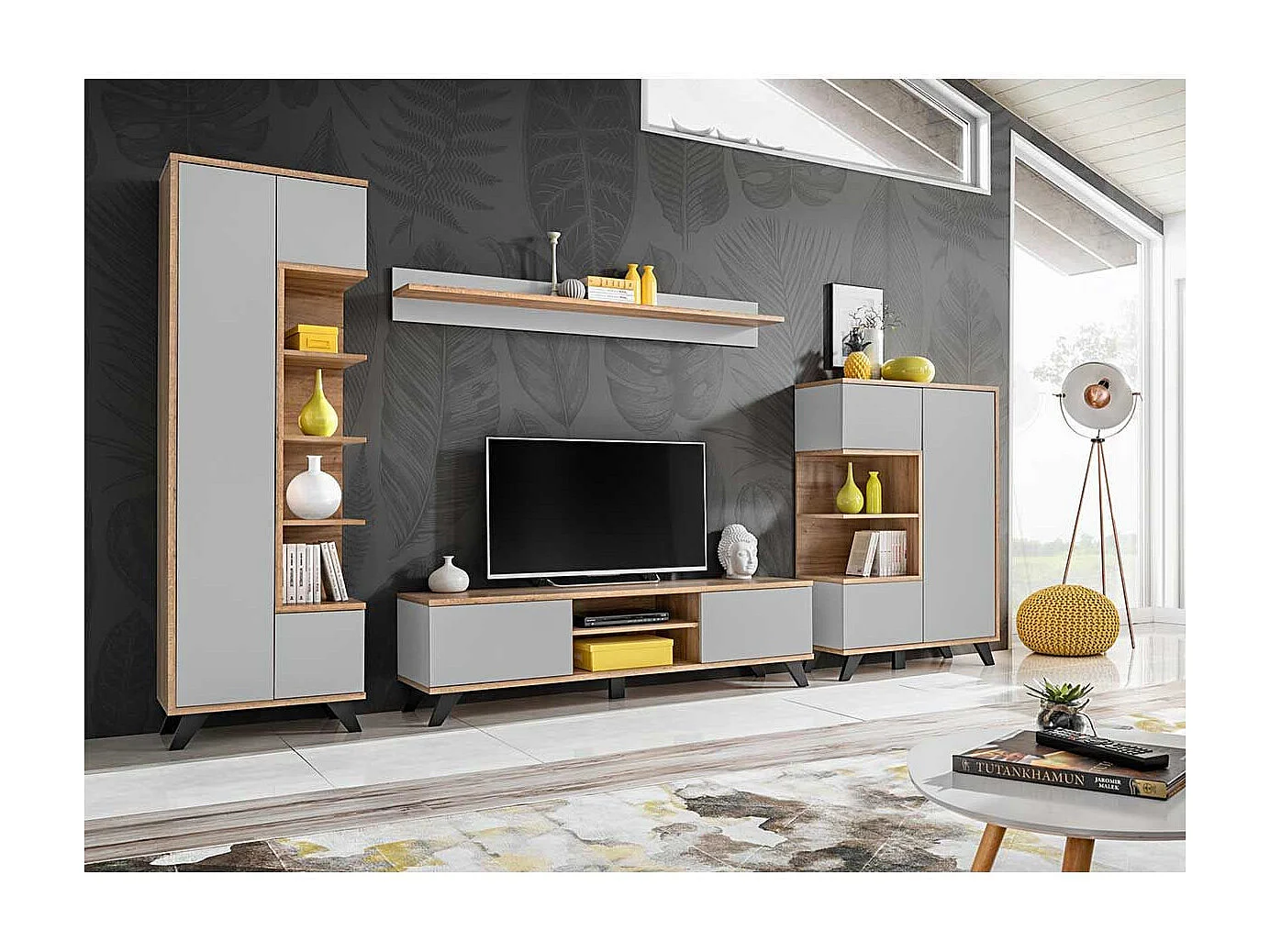 Meuble TV 2 Portes "Bogota" 160cm Gris & Naturel