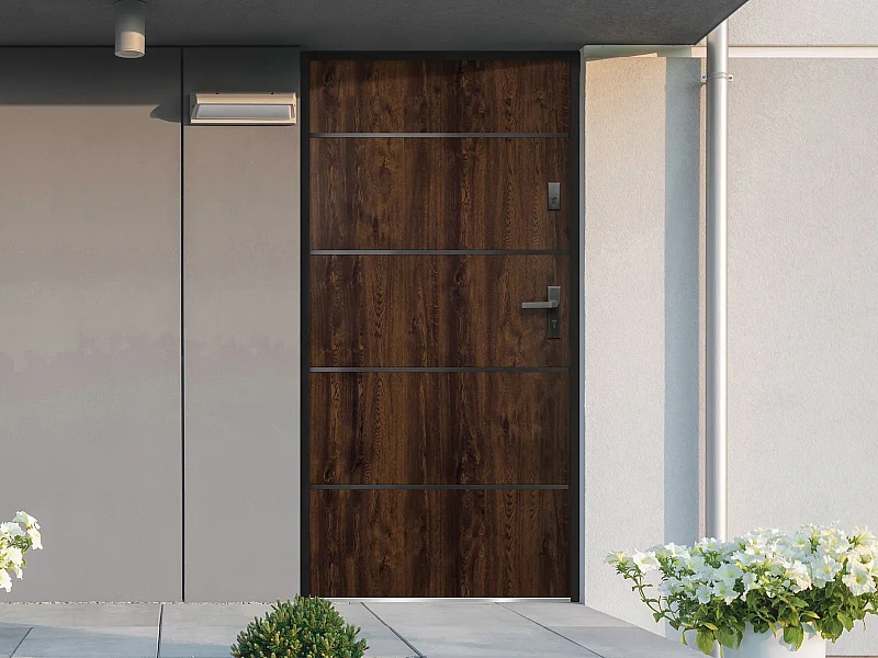 Porte d'entrée en acier pleine et inox H207 x L100 cm naturel foncé - poussant gauche - NAXARA