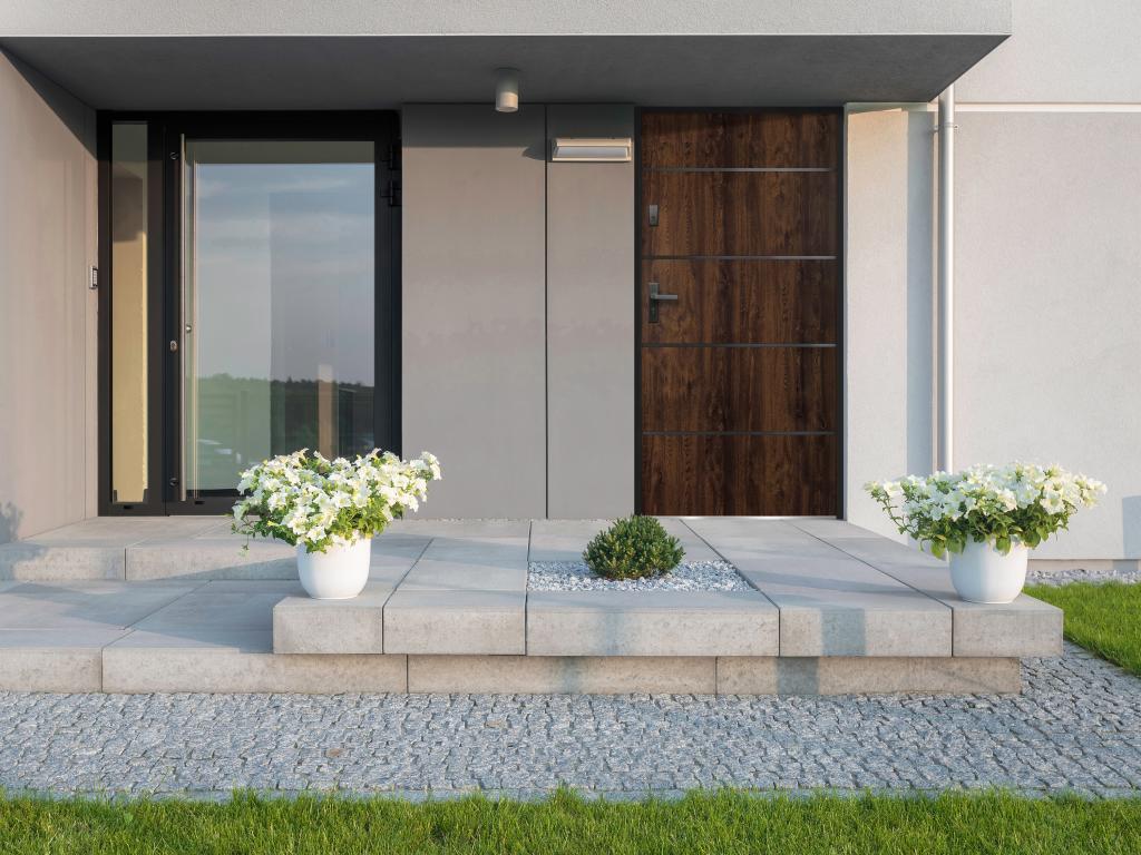 Porte d'entrée en acier pleine et inox H207 x L100 cm naturel foncé - poussant droit - NAXARA