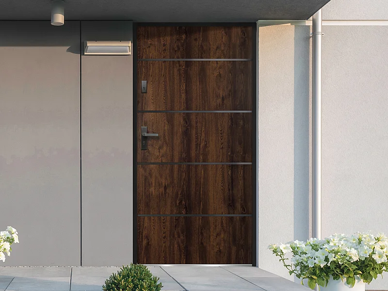 Porte d'entrée en acier pleine et inox H207 x L100 cm naturel foncé - poussant droit - NAXARA