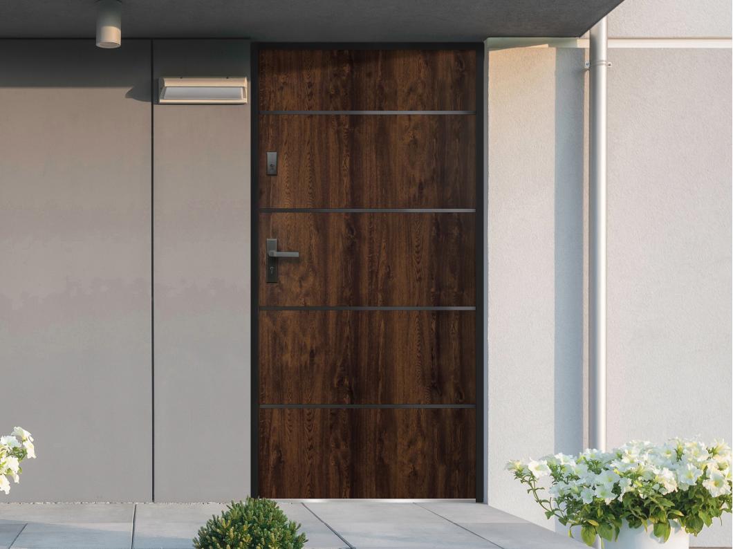 Porte d'entrée en acier pleine et inox H207 x L100 cm naturel foncé - poussant droit - NAXARA