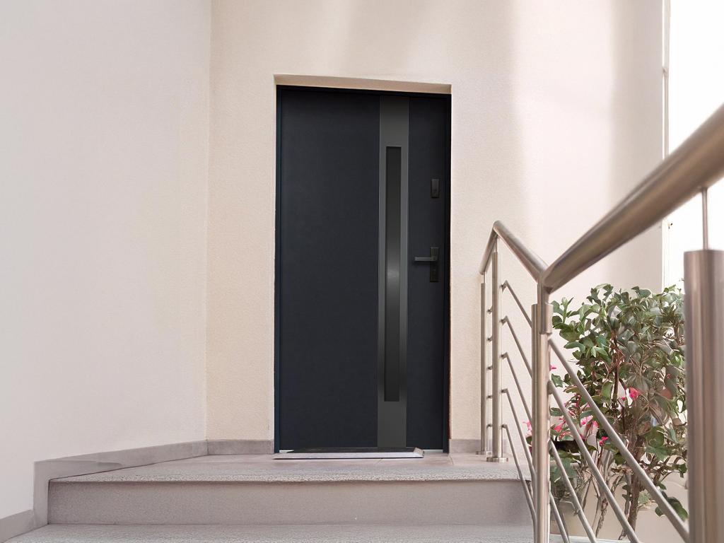 Porte d'entrée en acier pleine et inox H207 x L100 cm - verre fumé - noir et anthracite - poussant gauche - BRAGA