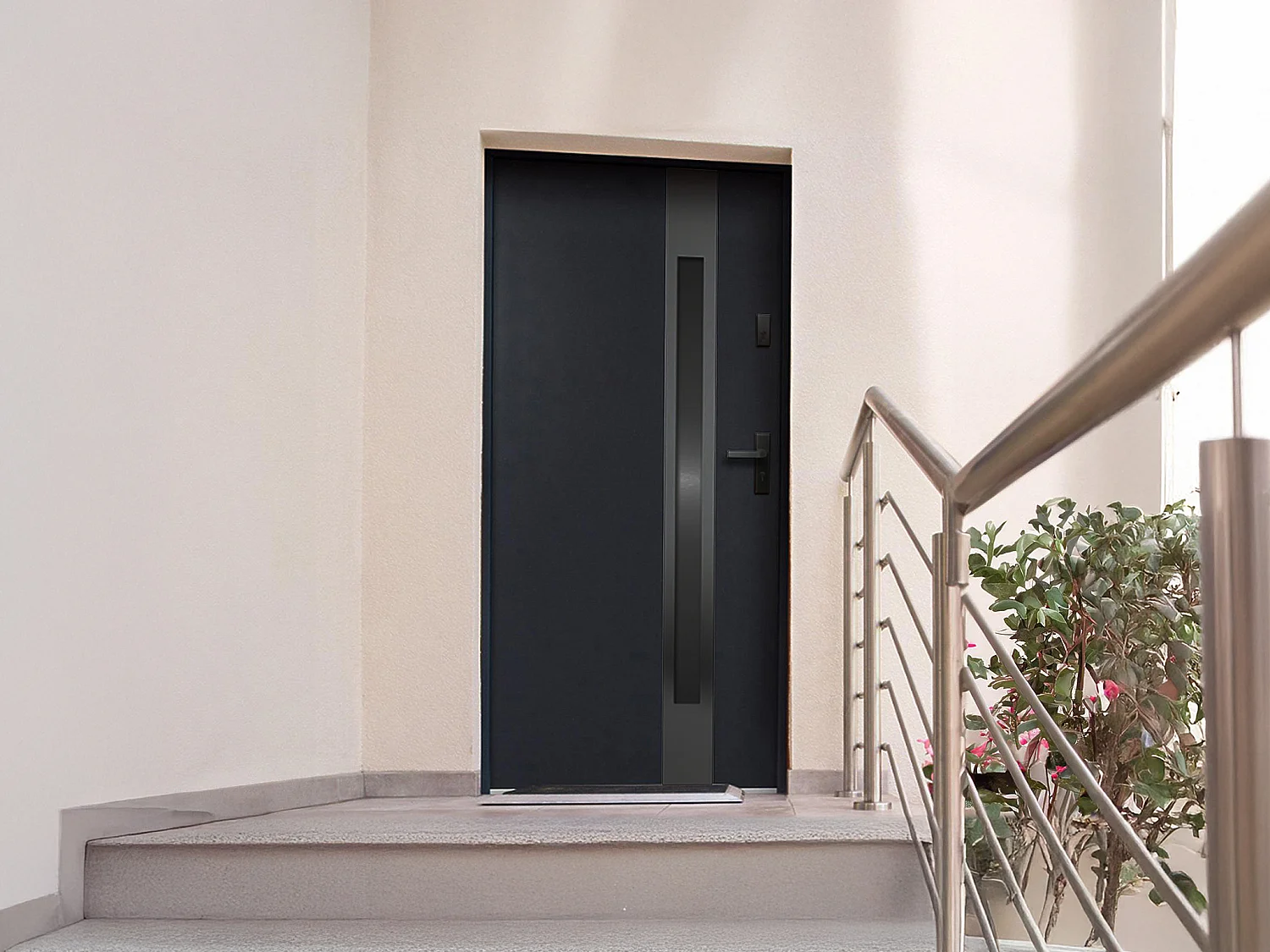 Porte d'entrée en acier pleine et inox H207 x L100 cm - verre fumé - noir et anthracite - poussant gauche - BRAGA