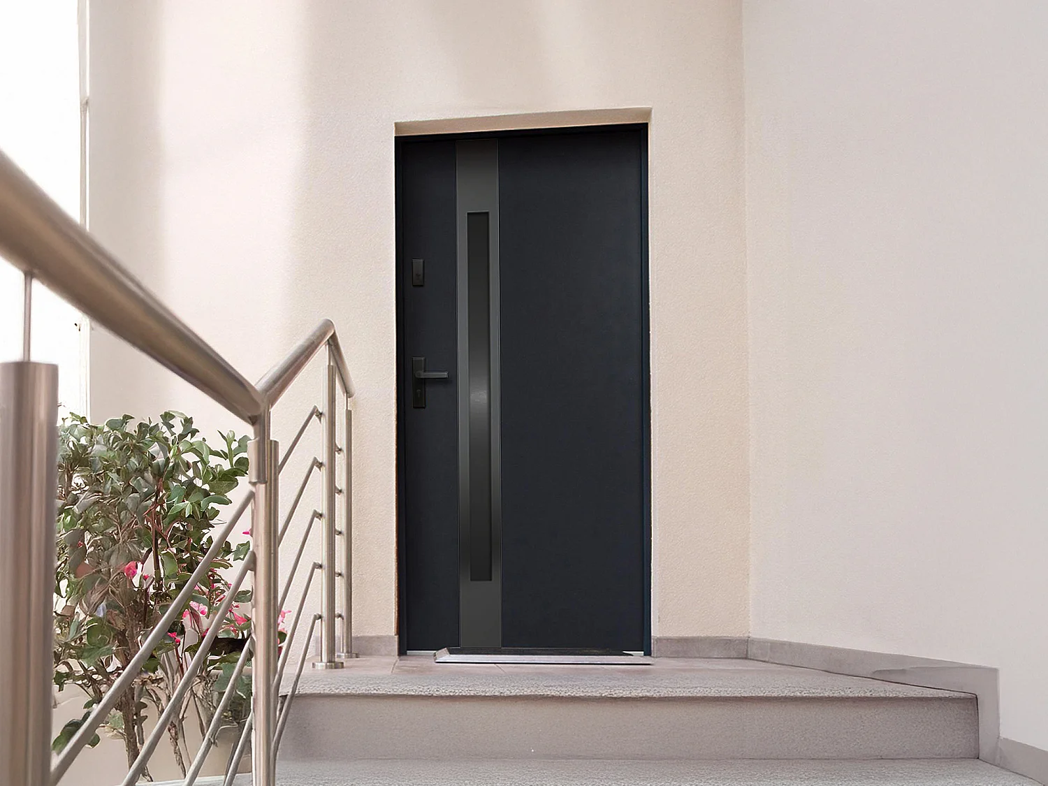 Porte d'entrée en acier pleine et inox H207 x L100 cm - verre fumé - noir et anthracite - poussant droit - BRAGA