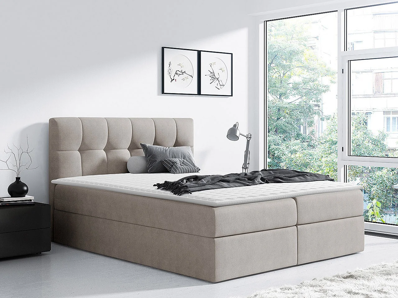 Lit continental Baltimore 128, Double, Continental, Brun clair, 180x200, Tapisserie,