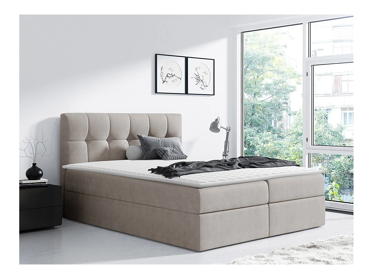 Lit continental Baltimore 128, Double, Continental, Brun clair, 200x200, Tapisserie,