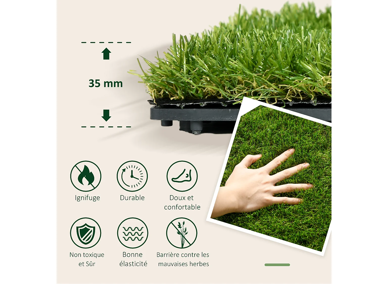 Gazon synthétique artificiel set de 10 dalles carreaux 30 x 30 cm épaisseur confort 3,5 cm à emboîter vert