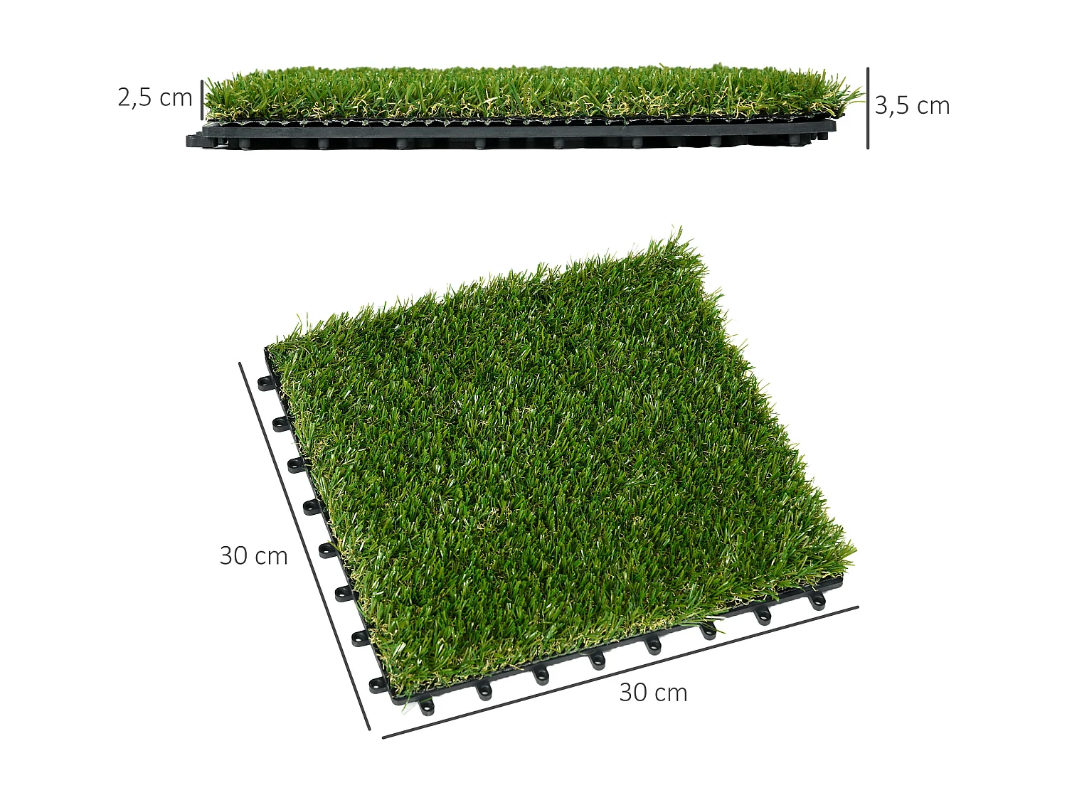 Gazon synthétique artificiel set de 10 dalles carreaux 30 x 30 cm épaisseur confort 3,5 cm à emboîter vert