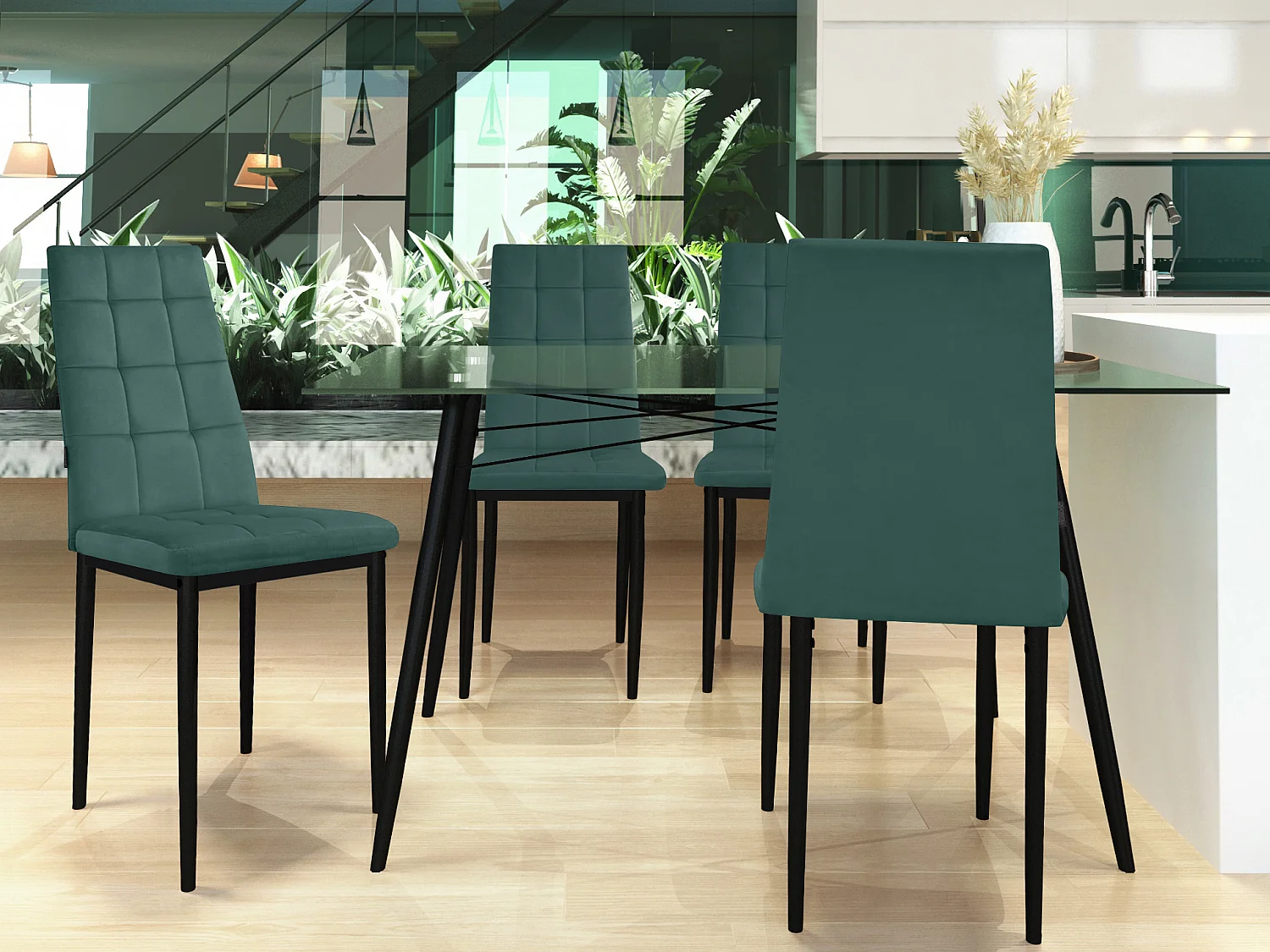 Becca | Lot de 4 chaises en velours vert foncé