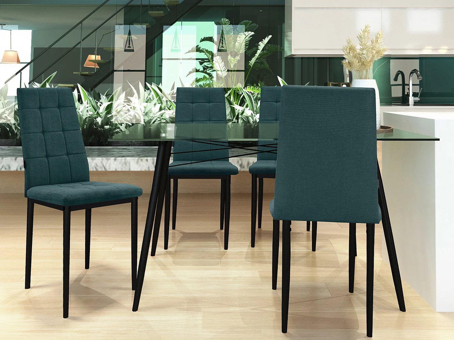 Becca | Lot de 4 chaises en tissu vert foncé