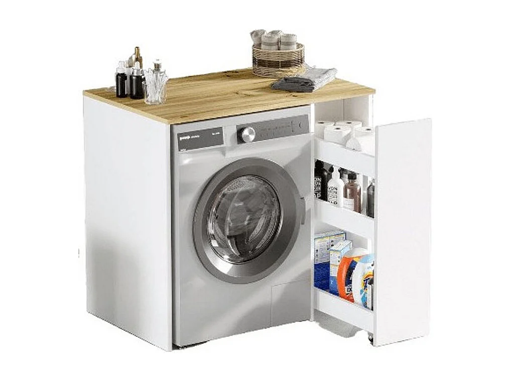 Armoire de Rangement pour Machine à Laver en Bois Blanc et Bois Naturel