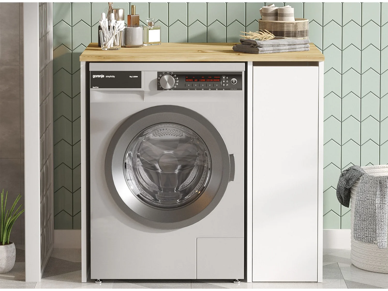 Armoire de Rangement pour Machine à Laver en Bois Blanc et Bois Naturel