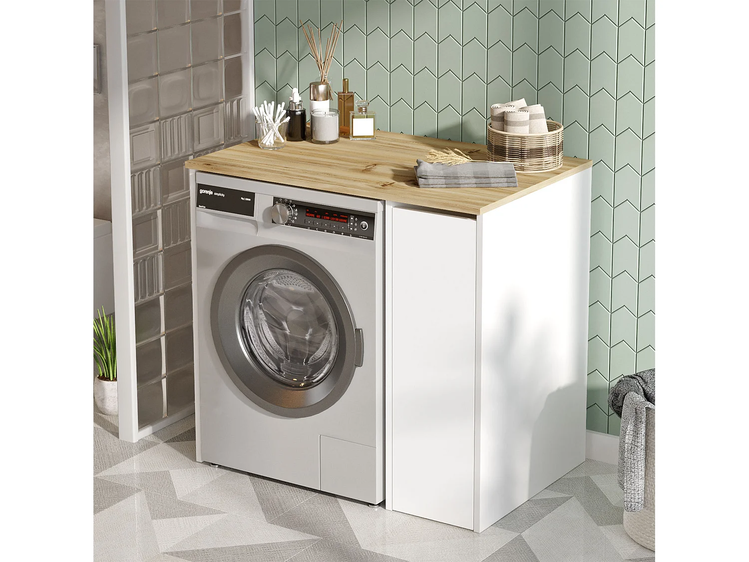 Armoire de Rangement pour Machine à Laver en Bois Blanc et Bois Naturel