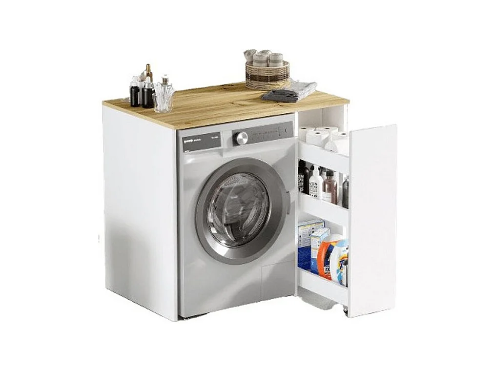 Armoire de Rangement pour Machine à Laver en Bois Blanc et Bois Naturel