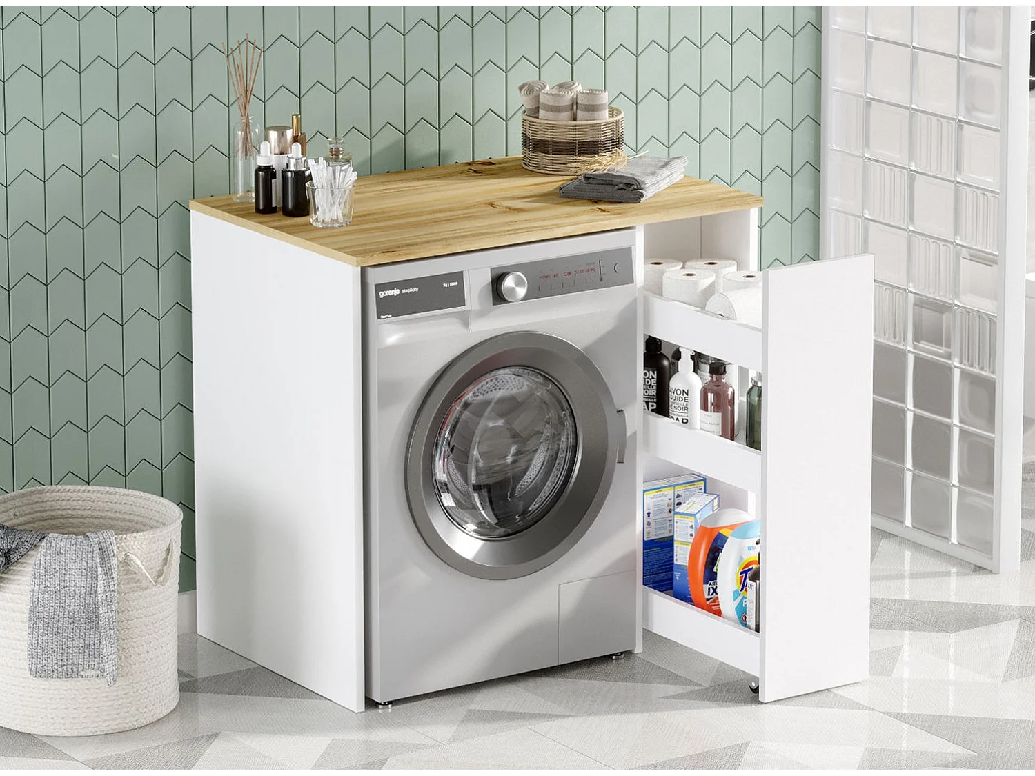 Armoire de Rangement pour Machine à Laver en Bois Blanc et Bois Naturel