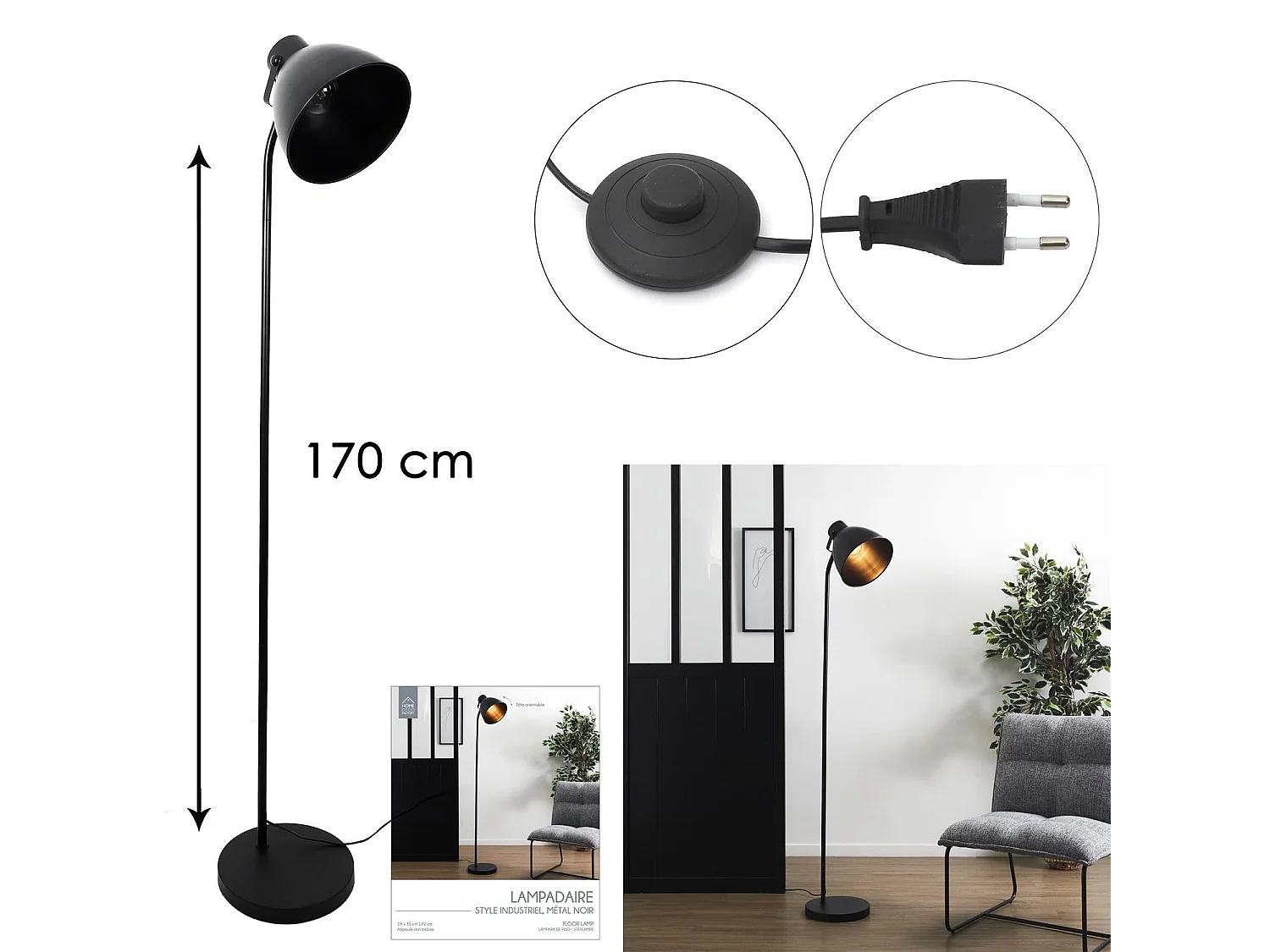 Lampadaire Metal Indus Noir H170cm Noir