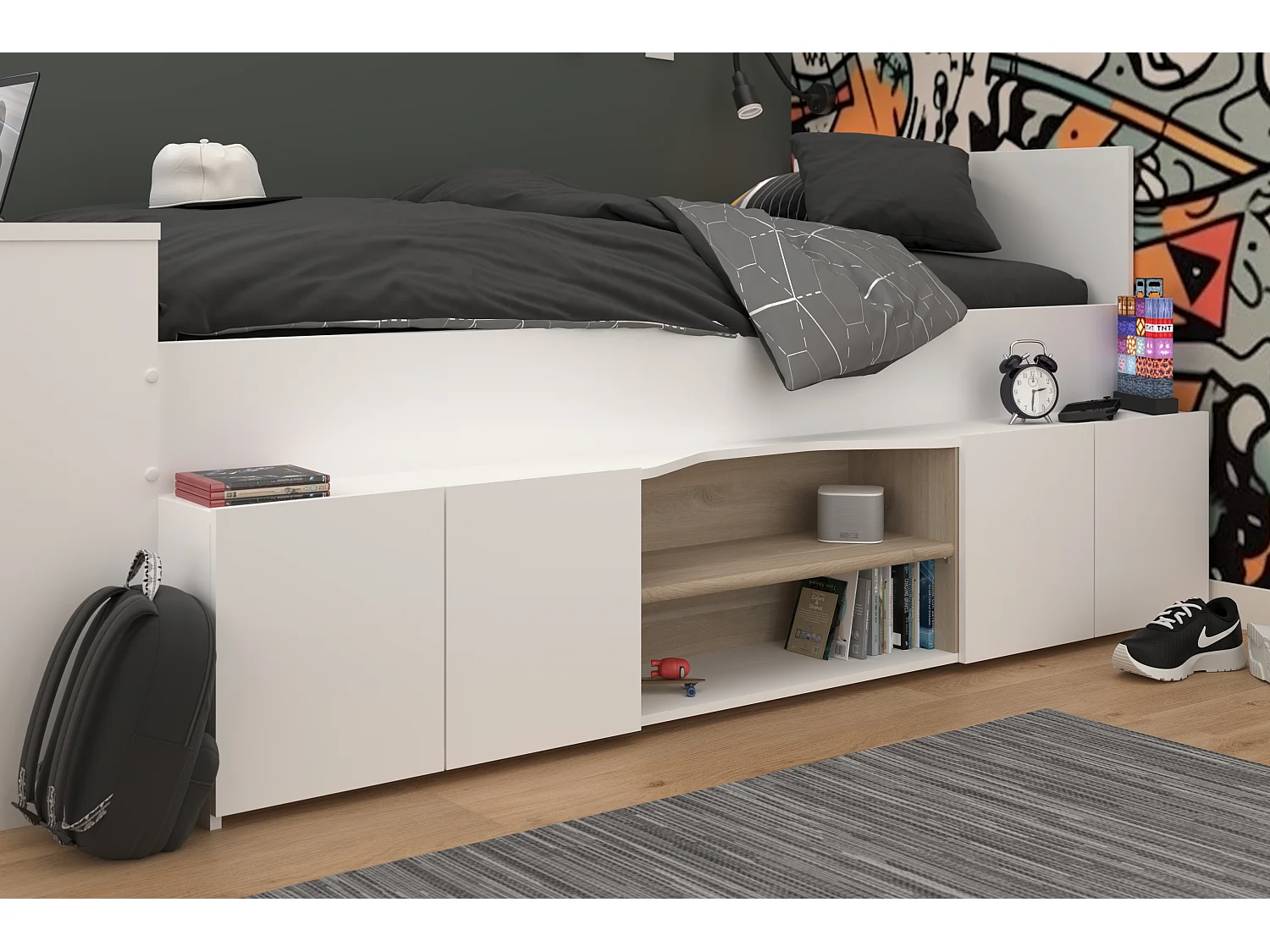Letto combinato 90 x 190/200 cm con scrivania e scomparti Bianco e Naturale - JOCHIANE