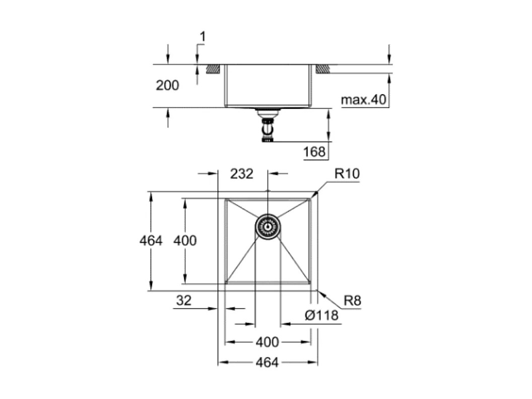 Pia de cozinha em aço inoxidável K700 GROHE - Instalação Rápida - Qualidade AISI 304 - 46,4x46,4 cm - Sem Escorredor
