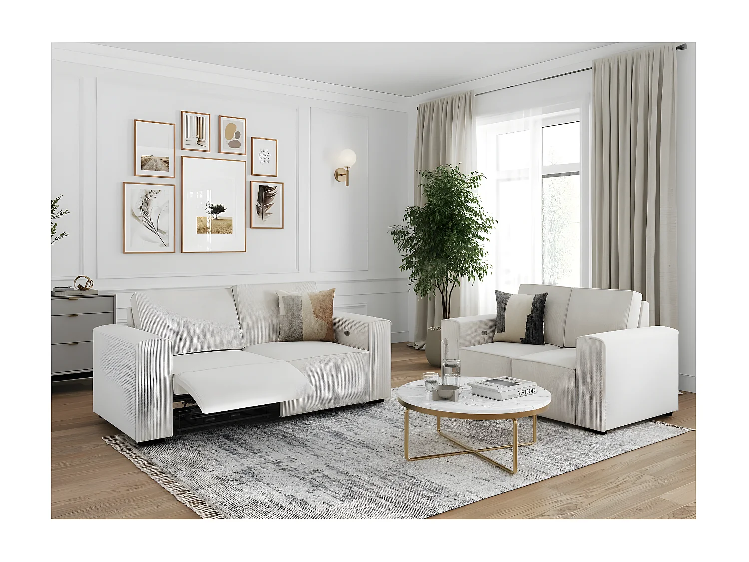 Ensemble de canapés relax électrique 2 et 3 places Charline en velours côtelés - Beige - Loungitude