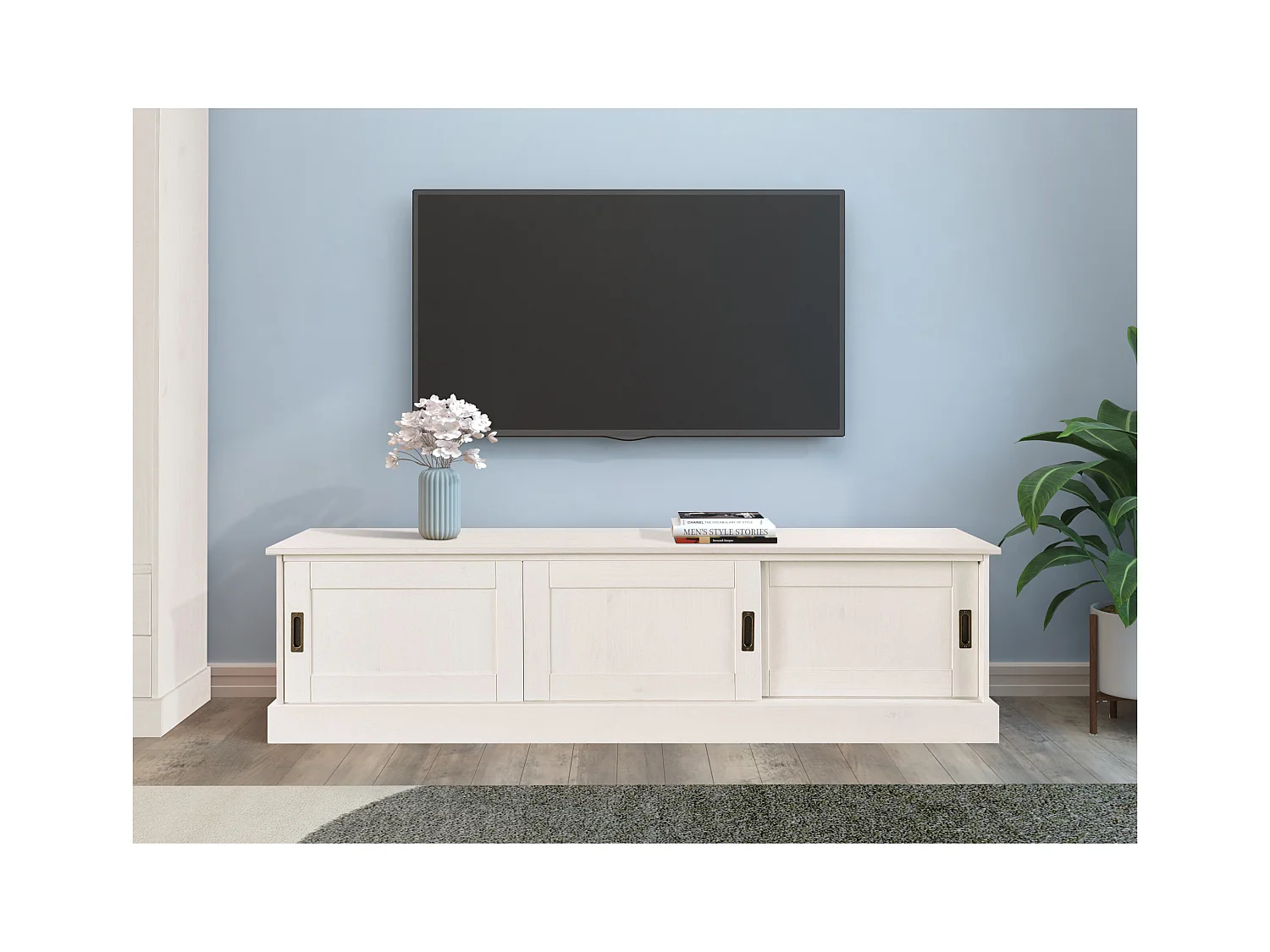 Harry | Mueble bajo con 3 puertas correderas en pino lacado blanco