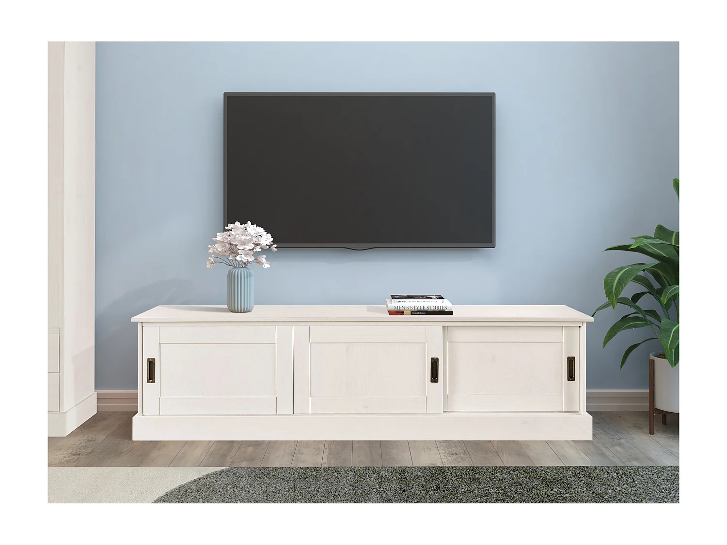 Harry | Meuble TV avec 3 portes coulissantes en laqué blanc pin